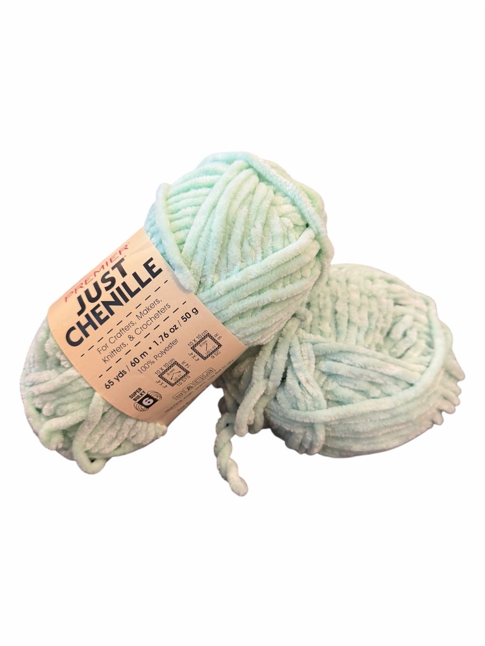 Premier Just Chenille Yarn 2 Skeins #2017-04 Mint Green Pastel Super Bulky 6 New